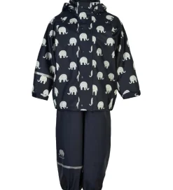 Regntøj m. Seler - PU - Dark Navy m. Elefanter|CeLaVi New