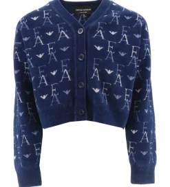 Cardigan - Cropped - Strik - Blå med Logoer|Emporio Armani Sale