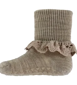 Skridsikre Strømper - Uld - Lysebrunmeleret m. Blonde|GoBabyGo Outlet