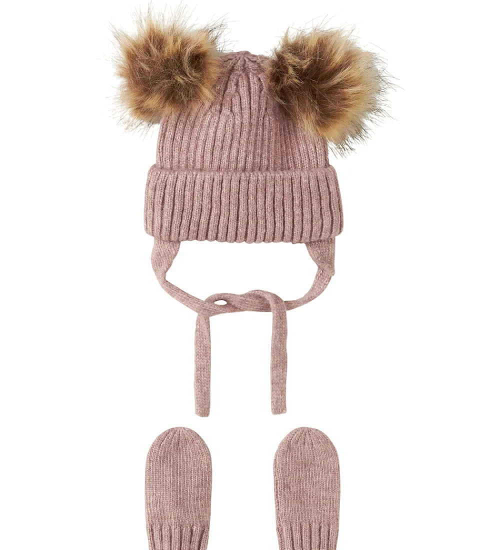 Sæt - Hue/Luffer - Strik - NbnMora - Woodrose|Name It Hot